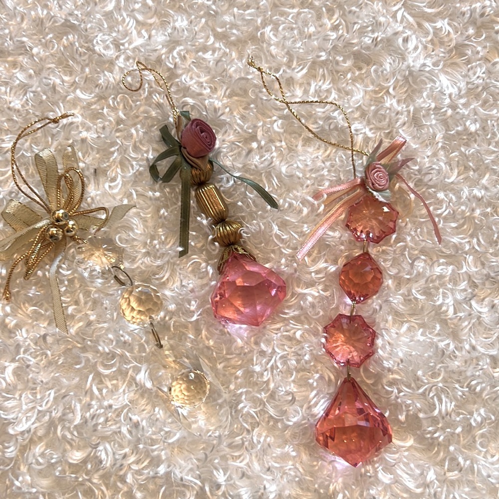 Vintage Glass Jewel Teardrop Christmas Ornaments Pink and Clear Set of 3
